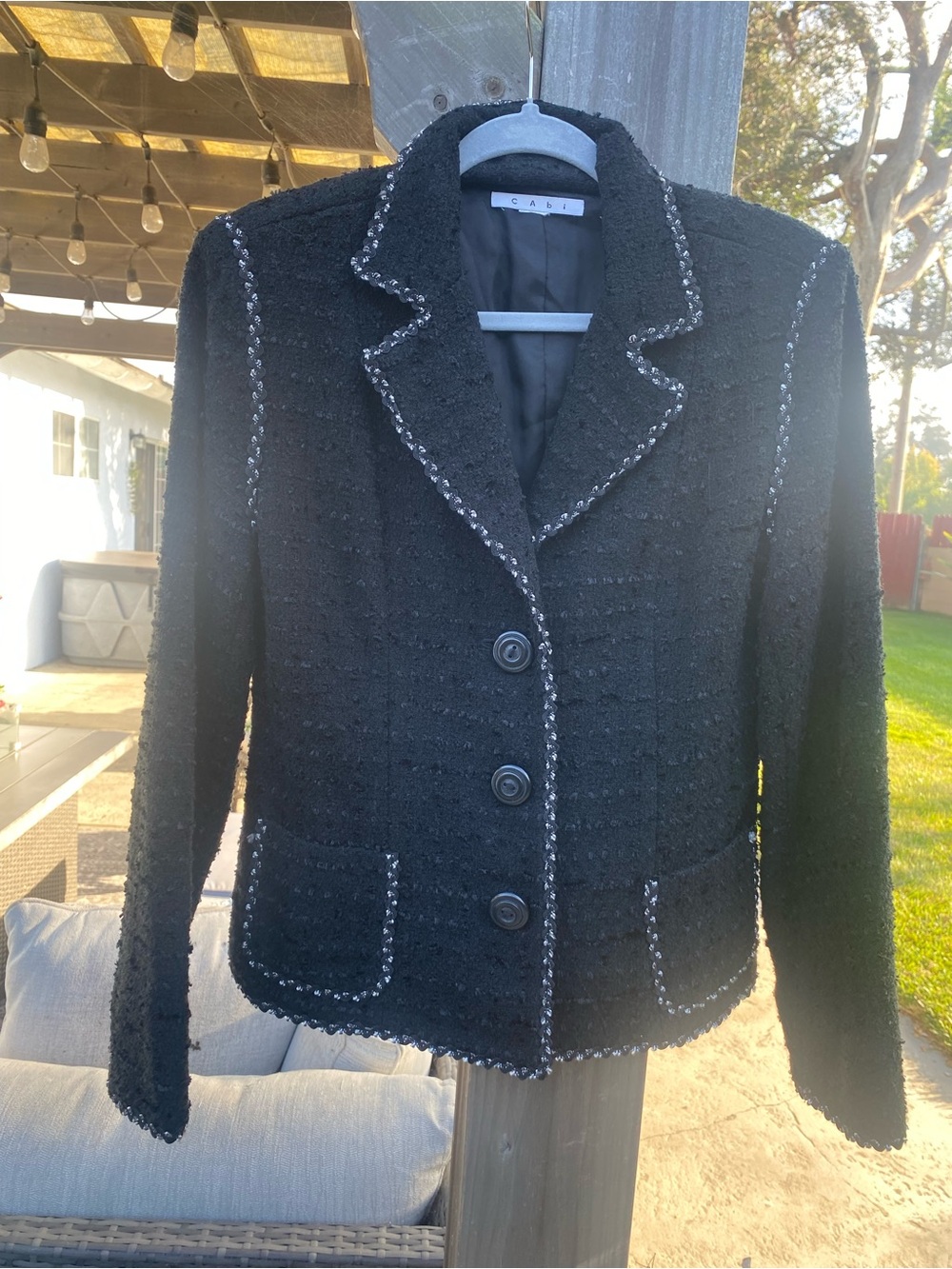 CAbi Black Tweed Blazer with Contrast Trim